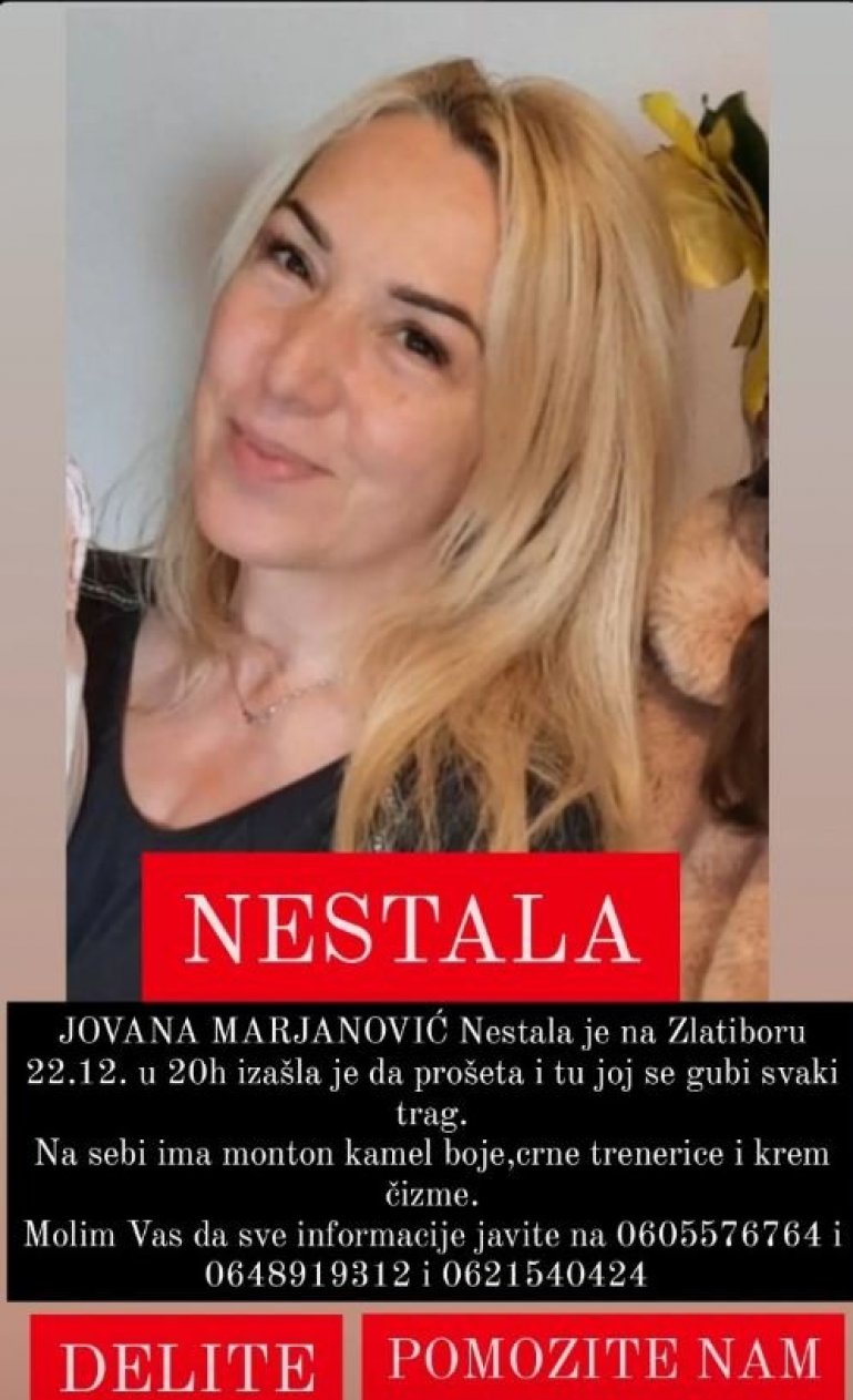 NESTALA ŽENA NA ZLATIBORU: Jovani se od srijede gubi svaki trag, telefon pronađen u cijevima daleko od smještaja (FOTO)