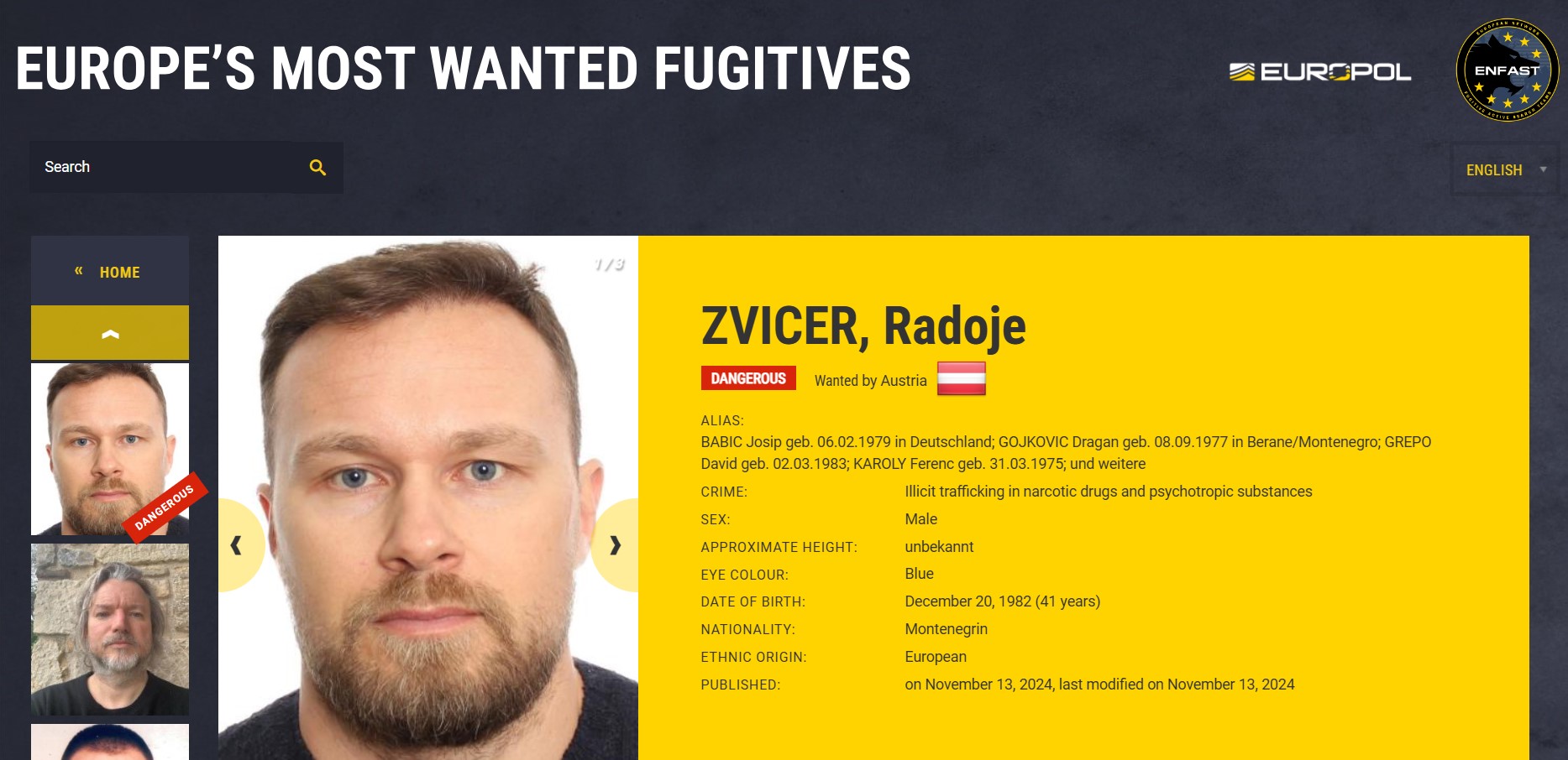 TOP LISTA EVROPSKIH BJEGUNACA Radoje Zvicer na samom vrhu Interpola